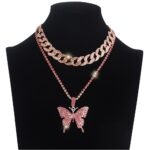 Double Iced Butterfly Pendant Necklace Cuban Chain